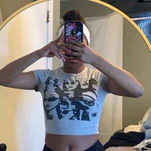 White Graphic Crop Top with Short Sleeves